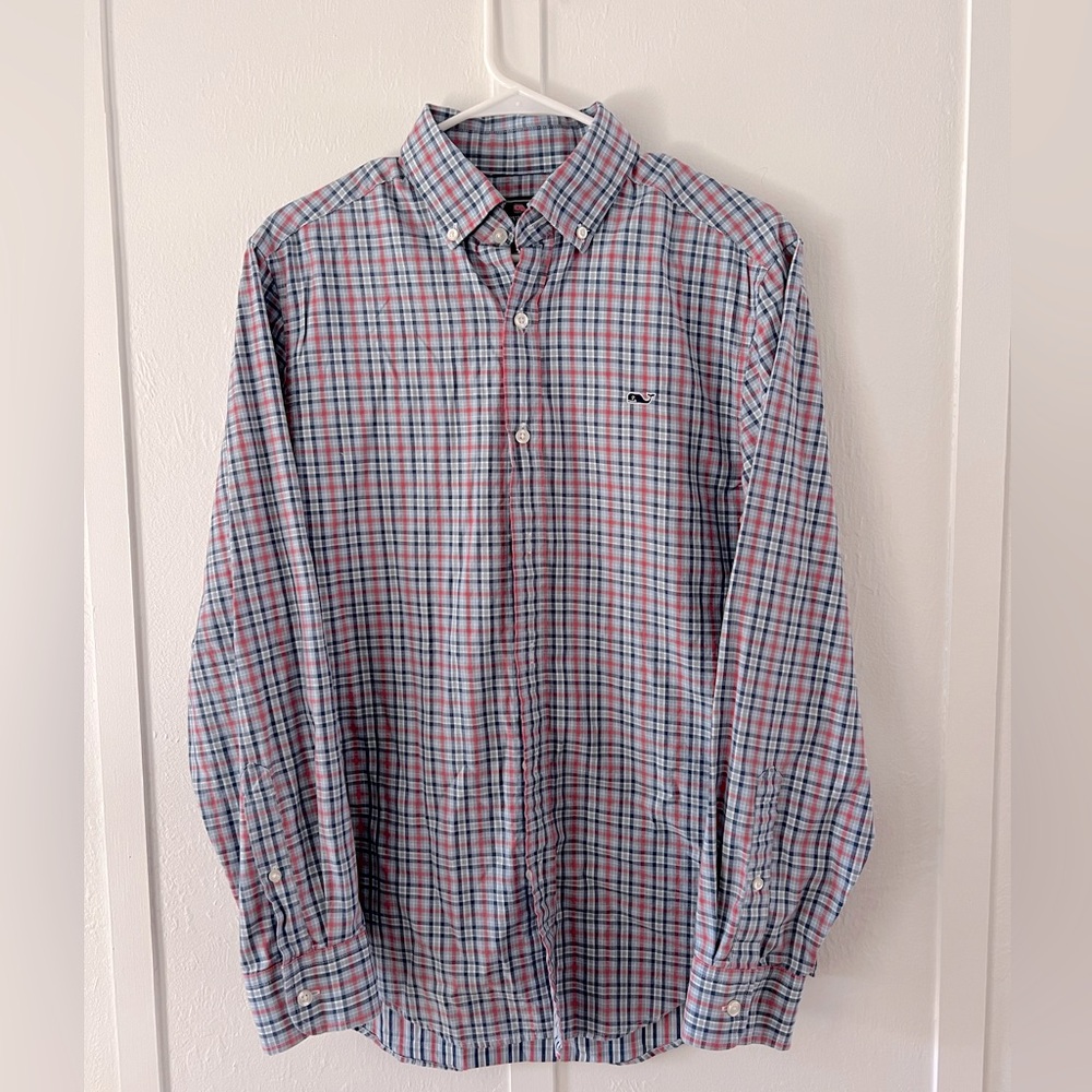 Vineyard Vines Men's Blue and Red Plaid Shirt Size SMALL